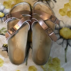 Birkenstock Metallic Rose Gold Double-Buckle Slide Sandals
